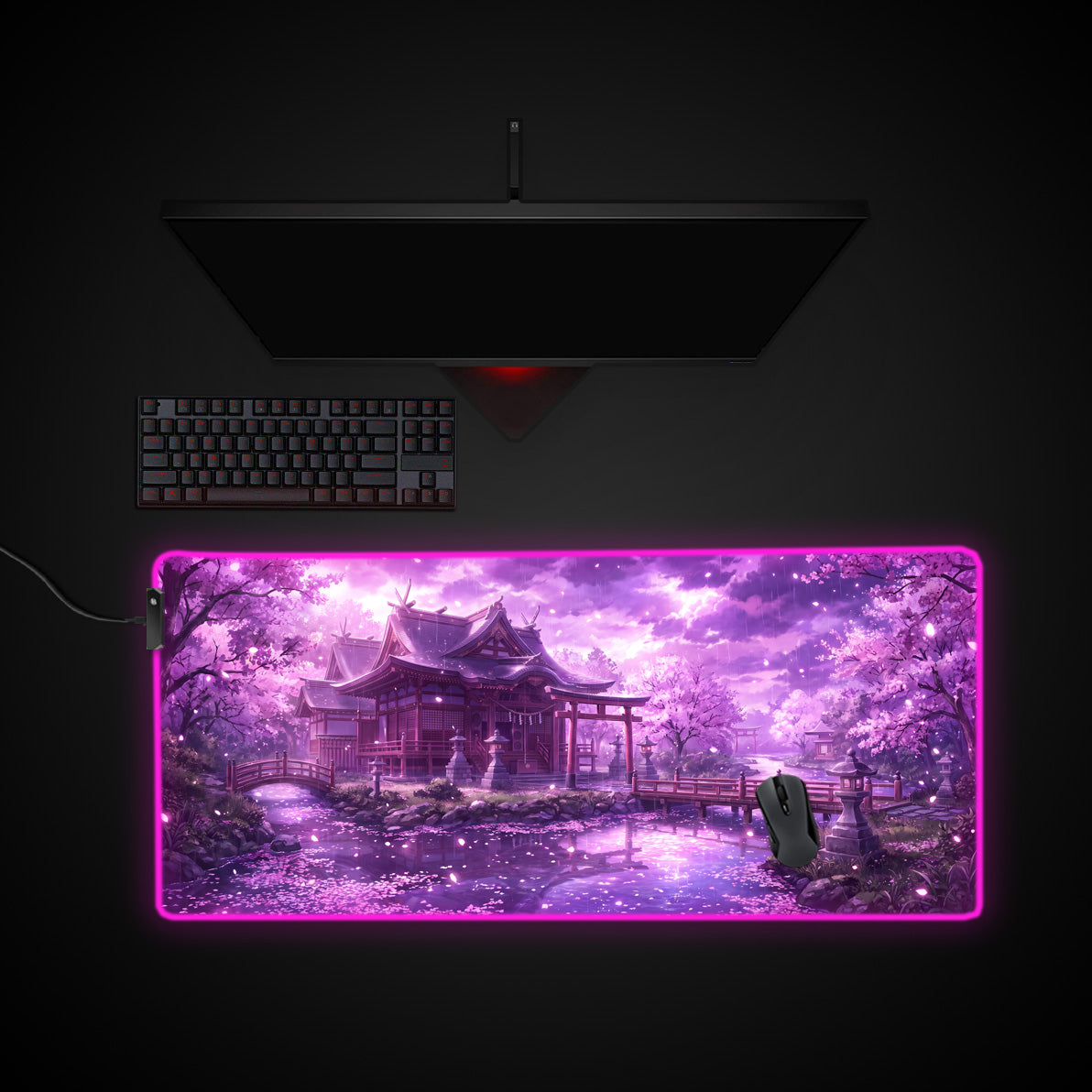 Violet Sakura Shrine desk mat with RGB edge lighting