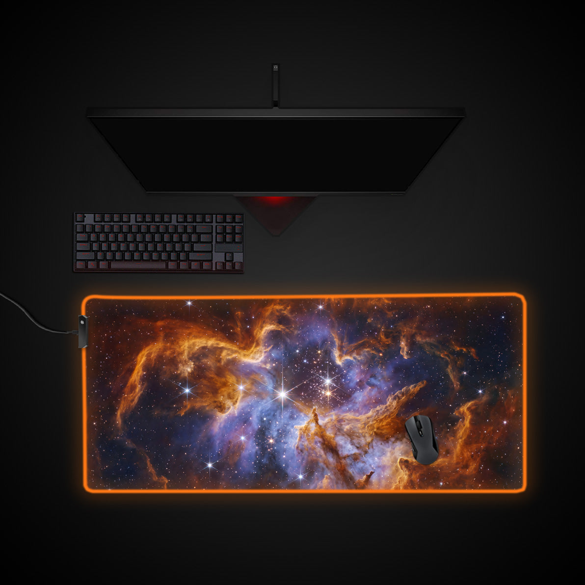 Cosmic Nebula desk mat with RGB edge lighting