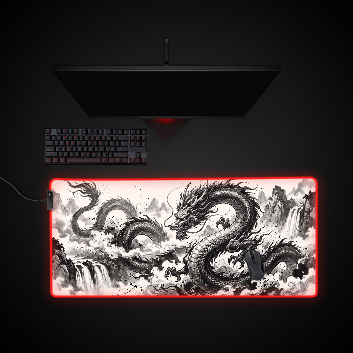 Inkfall Dragon desk mat with RGB edge lighting