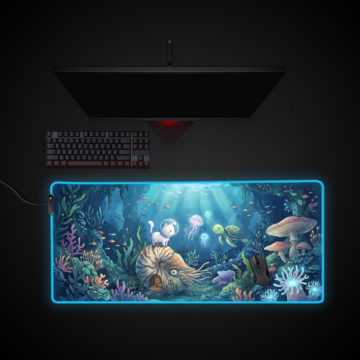Aquatic Astro Cat desk mat with RGB edge lighting