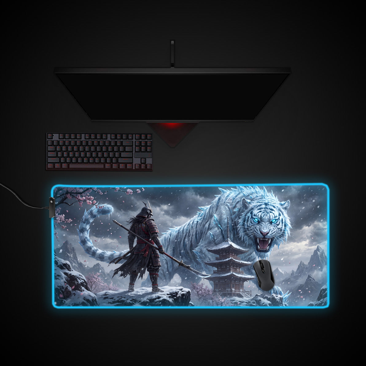 Glacial Tiger Samurai desk mat with RGB edge lighting