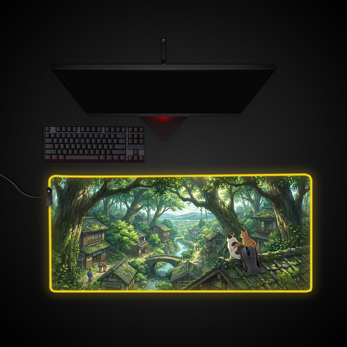 Hidden Village desk mat with RGB edge lighting