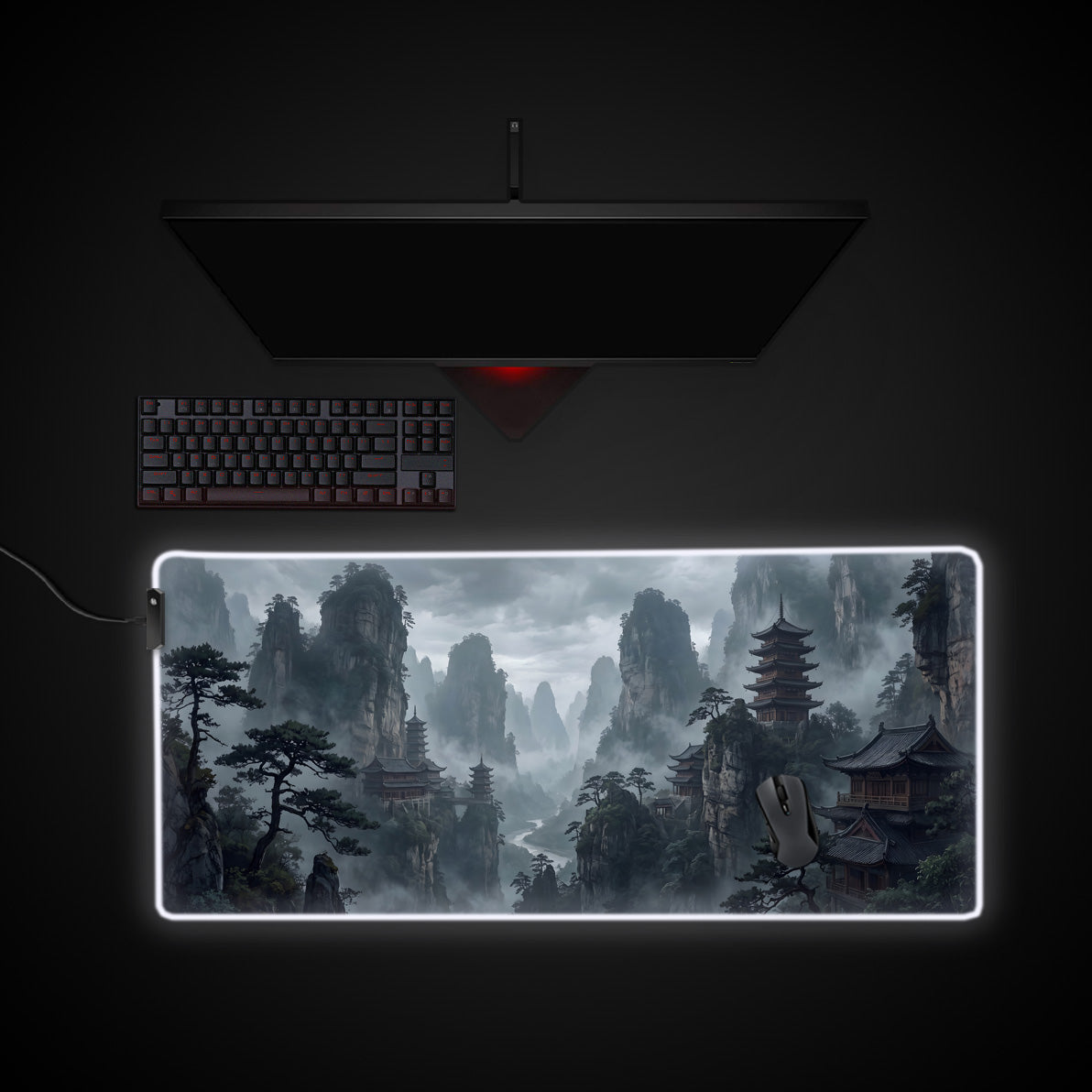 Misty Peaks desk mat with RGB edge lighting