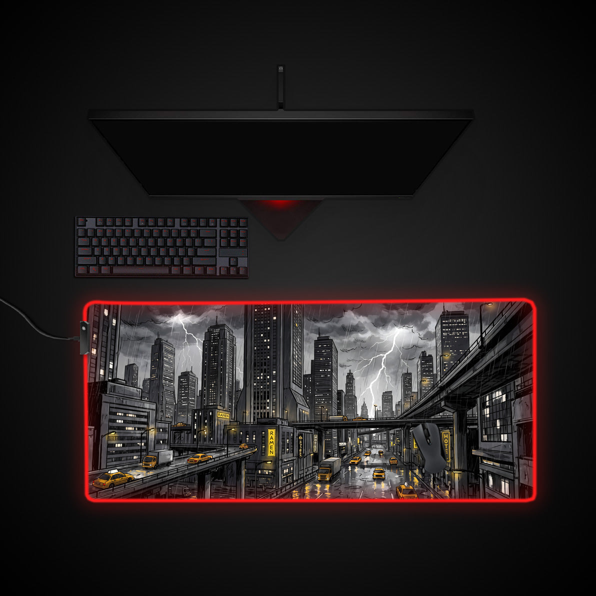Midnight City Storm desk mat with RGB edge lighting