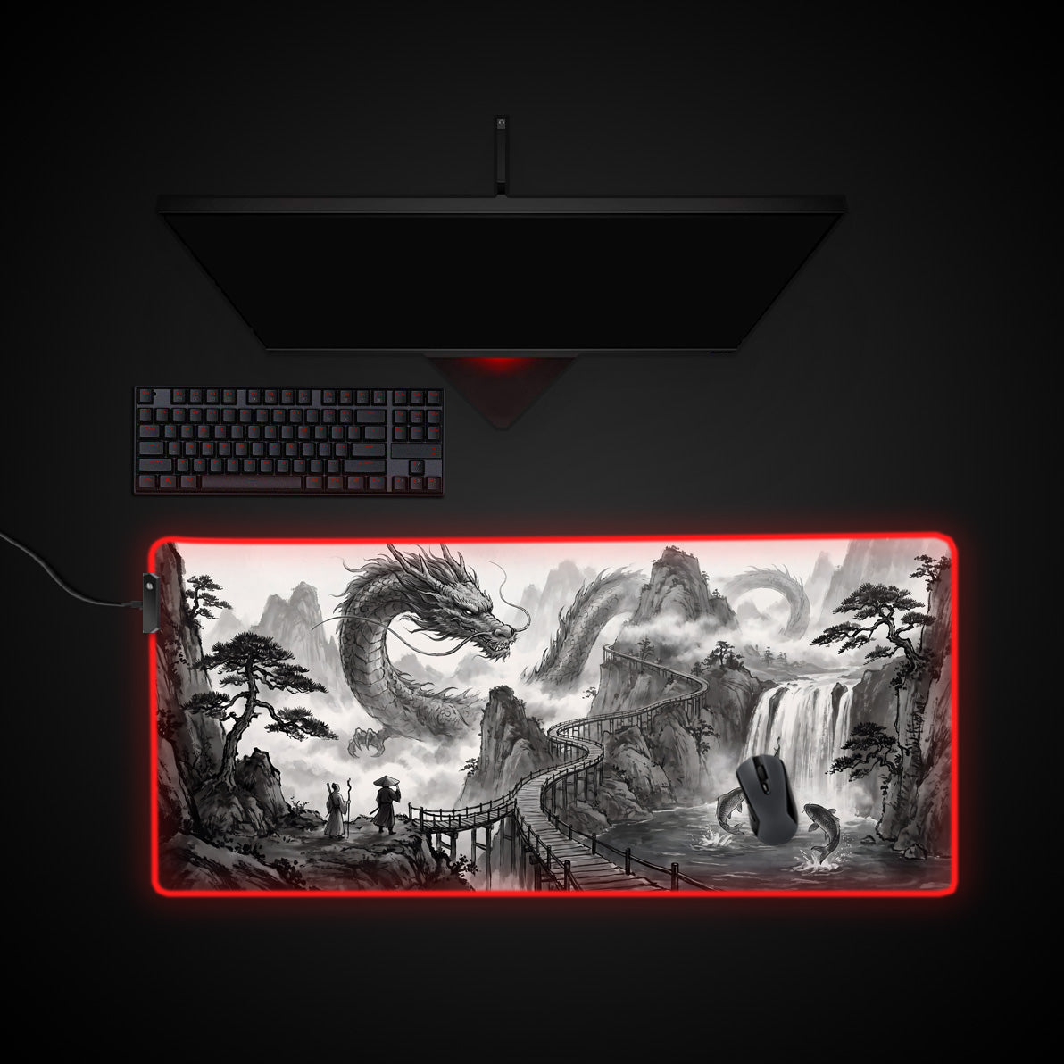 Ink Dragon Landscape desk mat with RGB edge lighting
