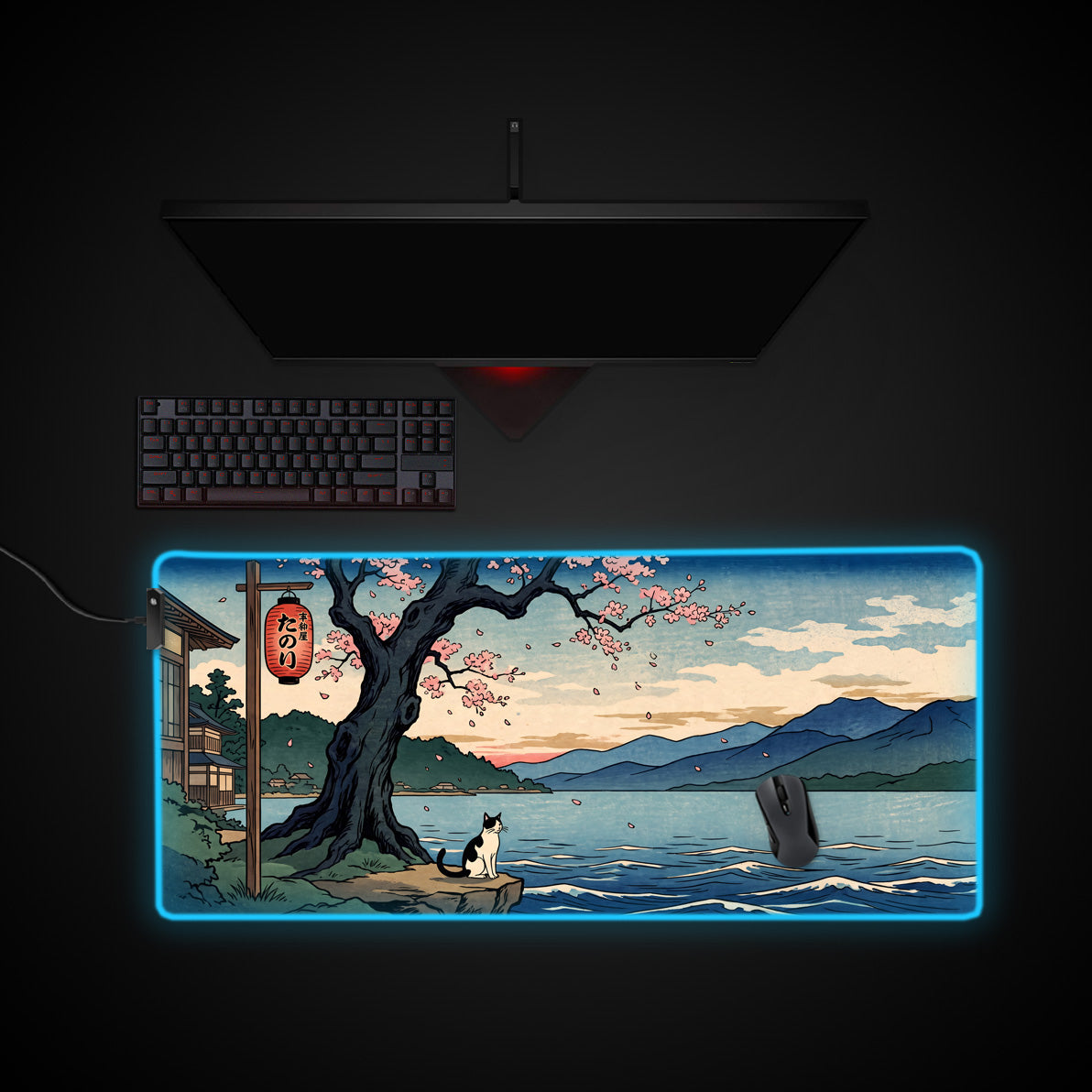 Sakura Lakeside Feline desk mat with RGB edge lighting