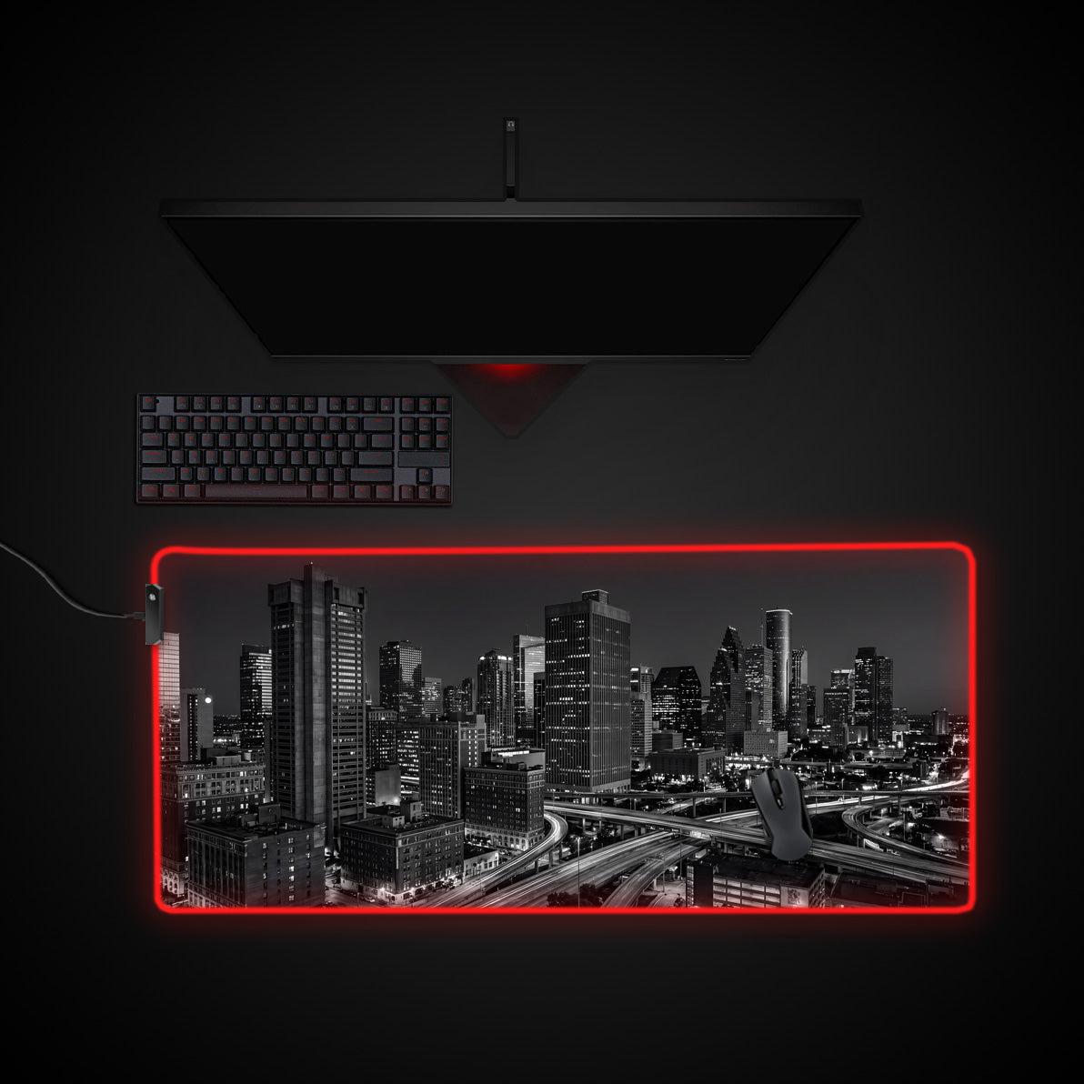 Monochrome Metropolis desk mat with RGB edge lighting