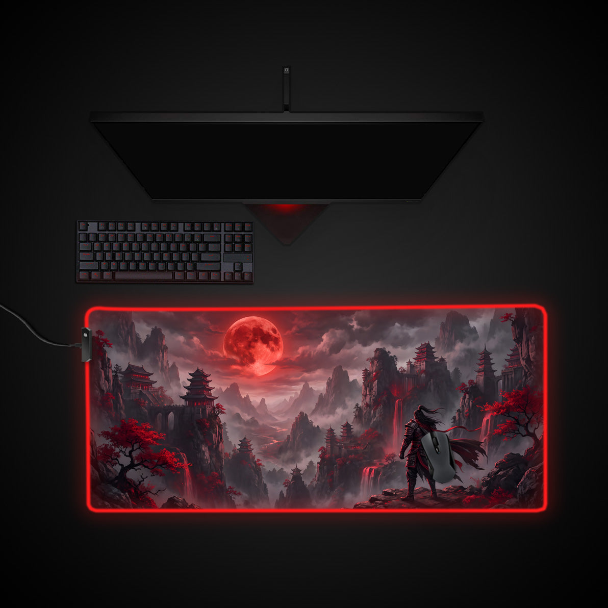 Blood Moon Warrior desk mat with RGB edge lighting