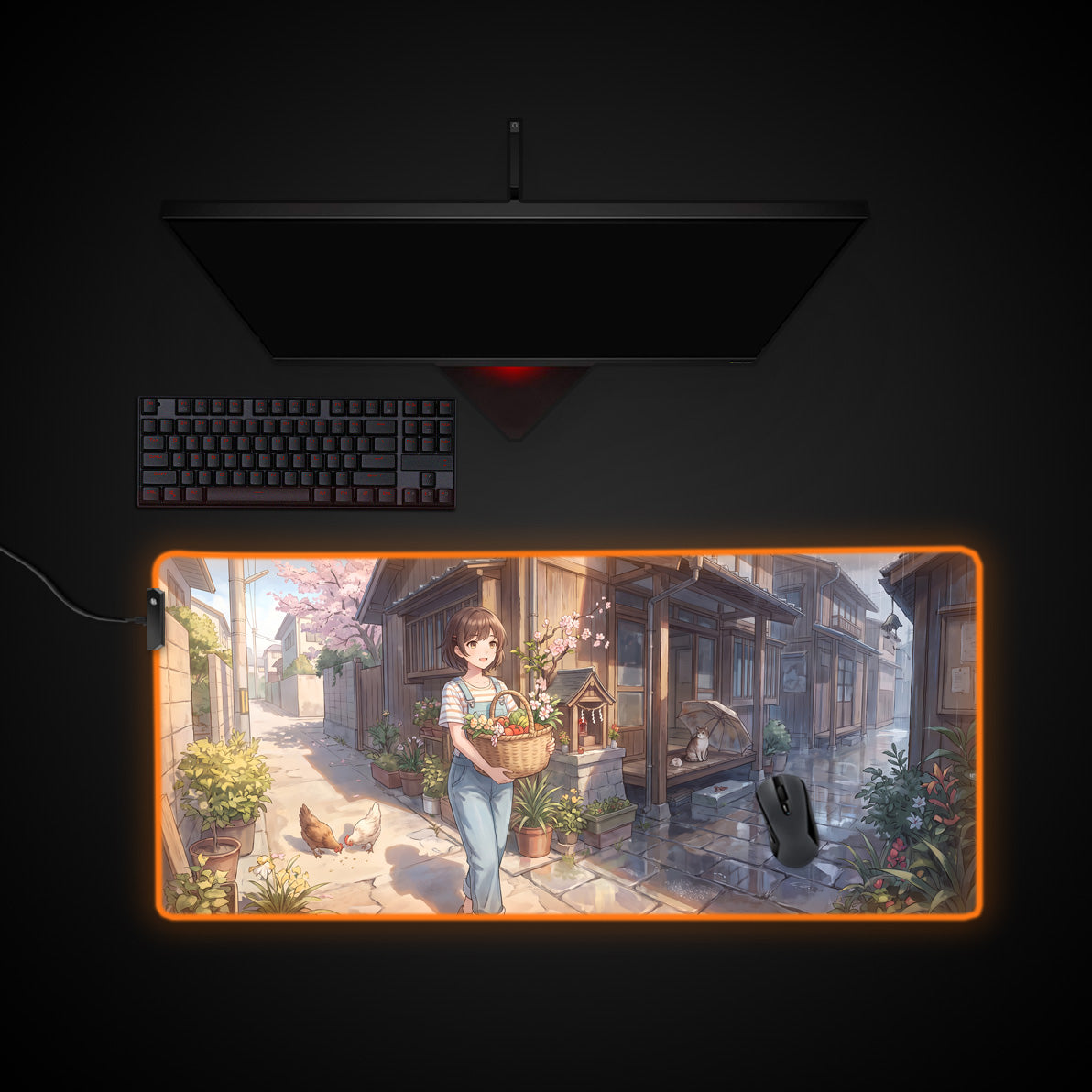 Rural Village Stroll desk mat with RGB edge lighting