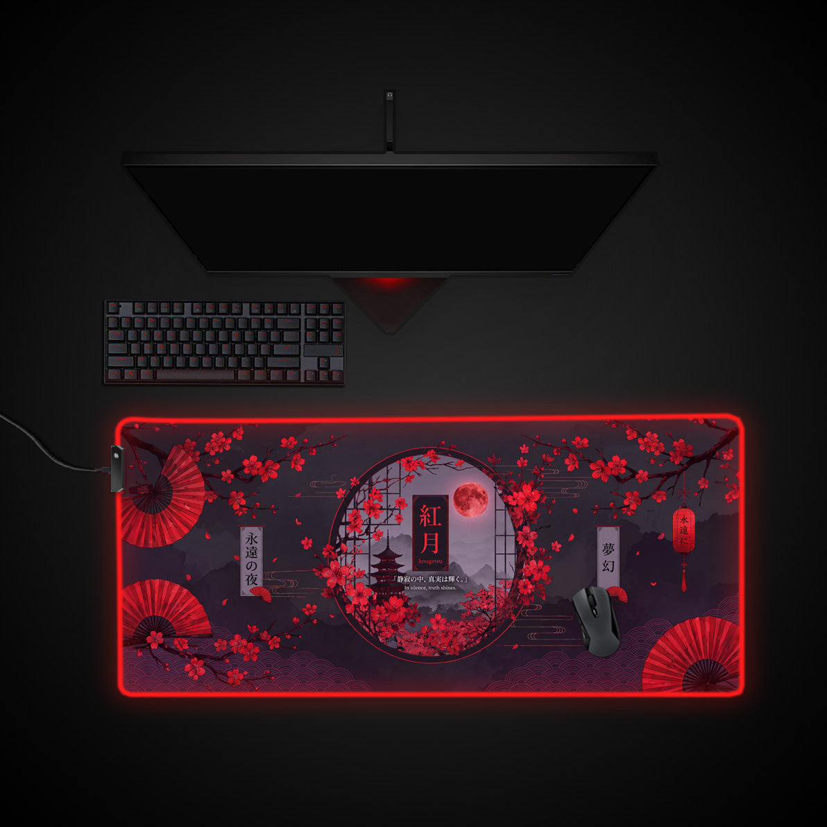 Crimson Moon desk mat with RGB edge lighting