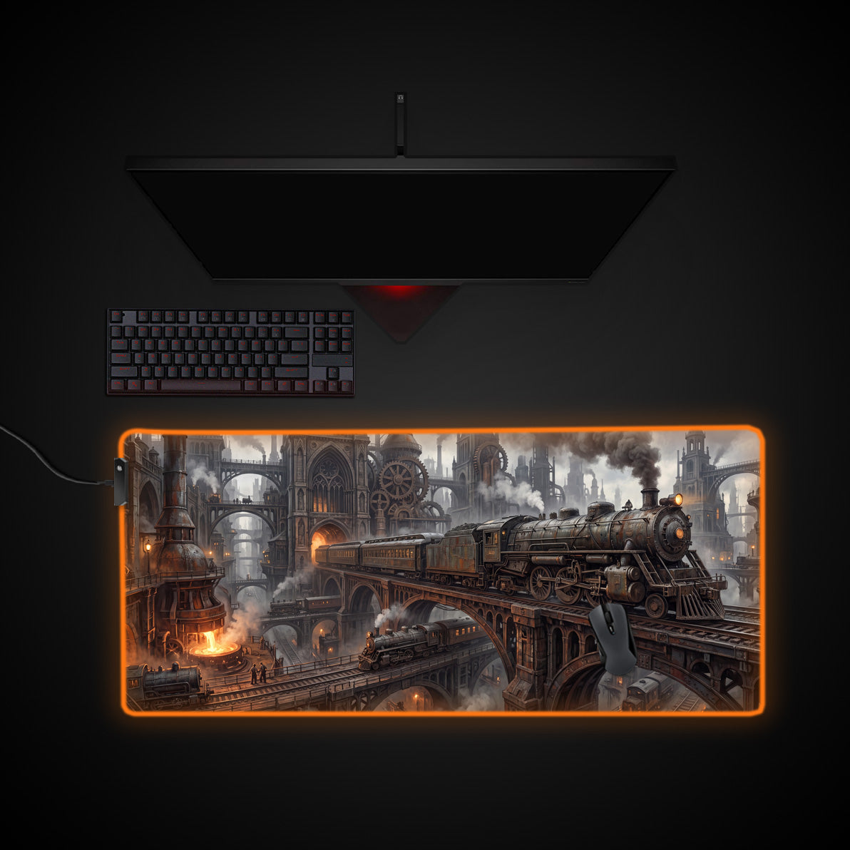 Steampunk Railway desk mat with RGB edge lighting