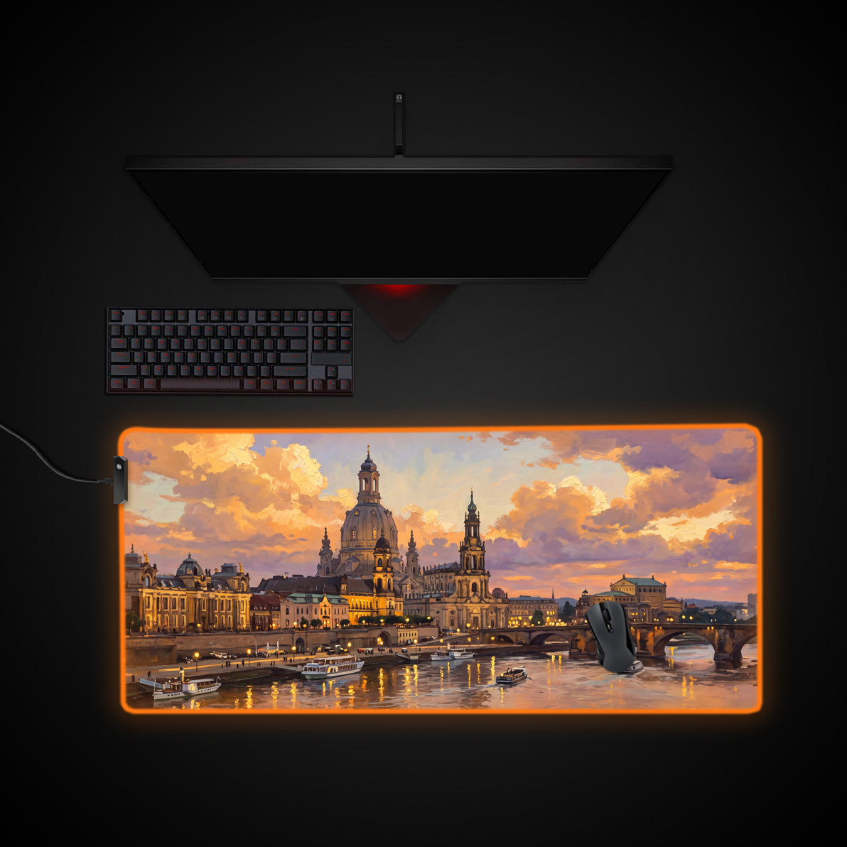 Golden City Skyline desk mat with RGB edge lighting