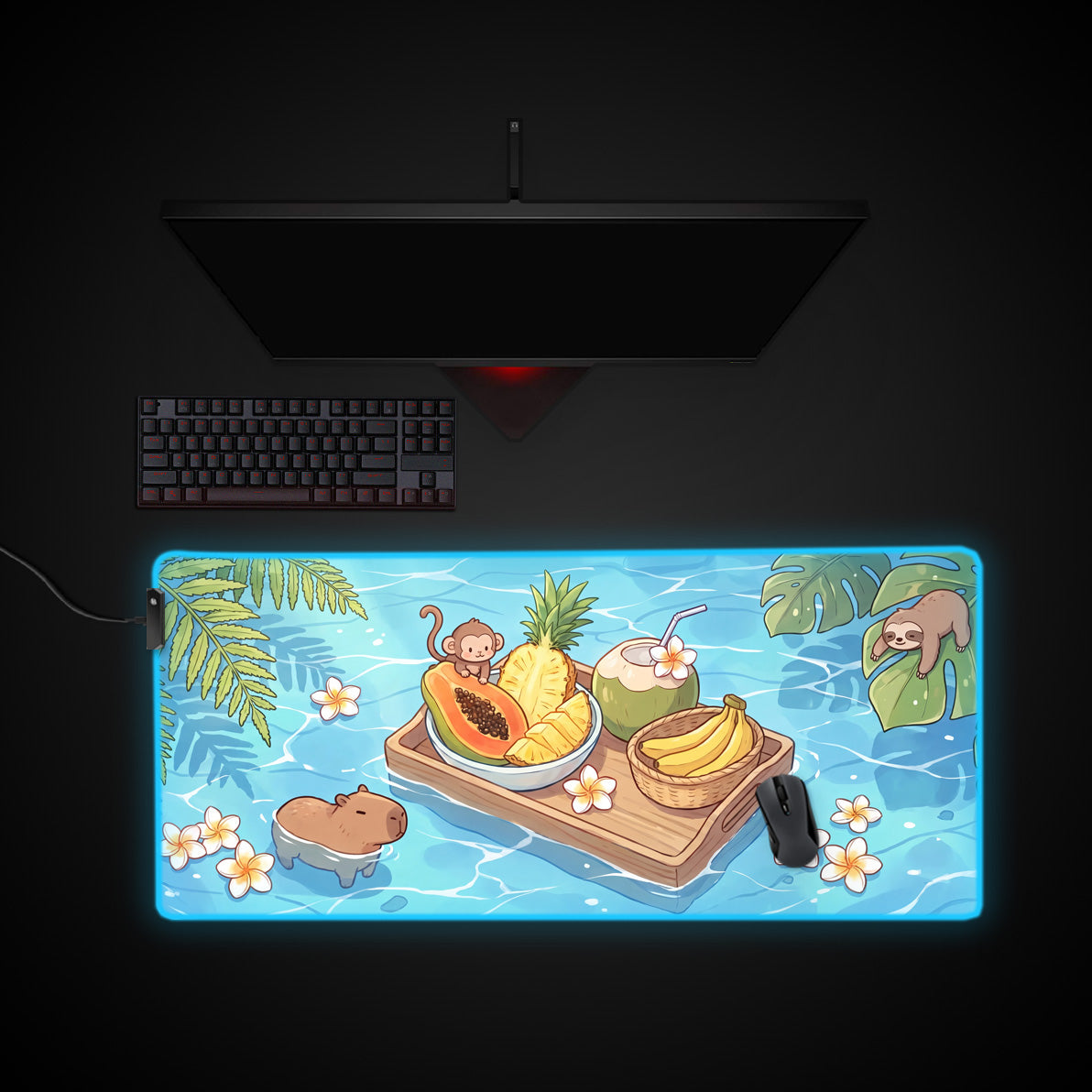 Tropical Capybara Oasis desk mat with RGB edge lighting