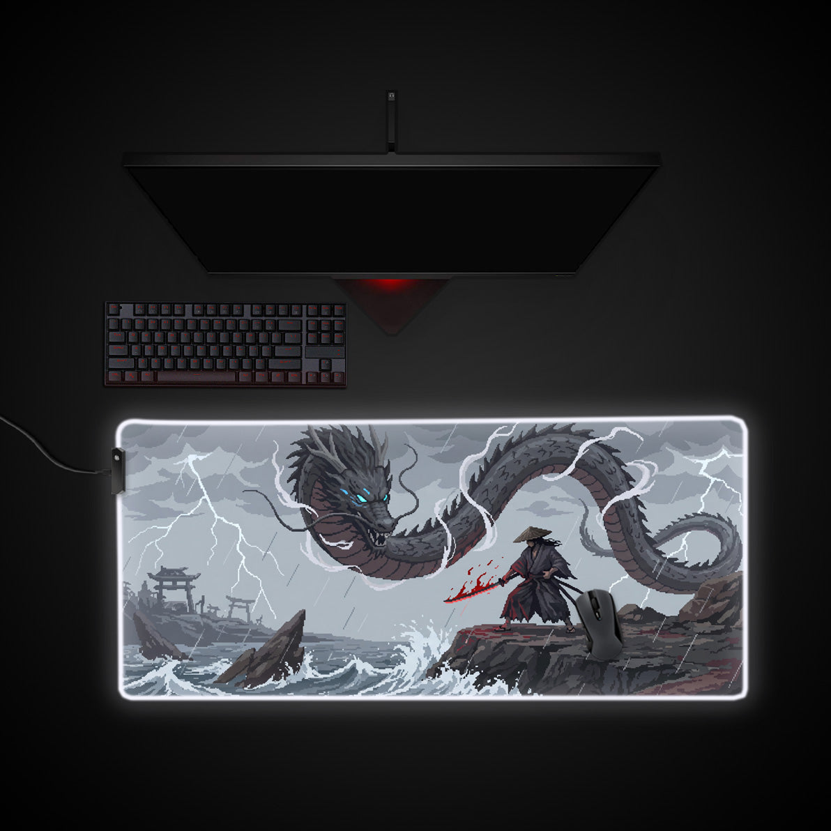 Pixel Samurai Dragon desk mat with RGB edge lighting