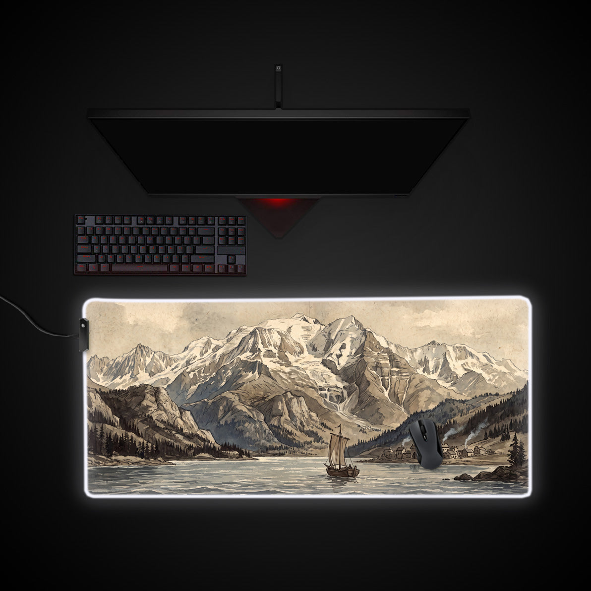 Vintage Alpine desk mat with RGB edge lighting