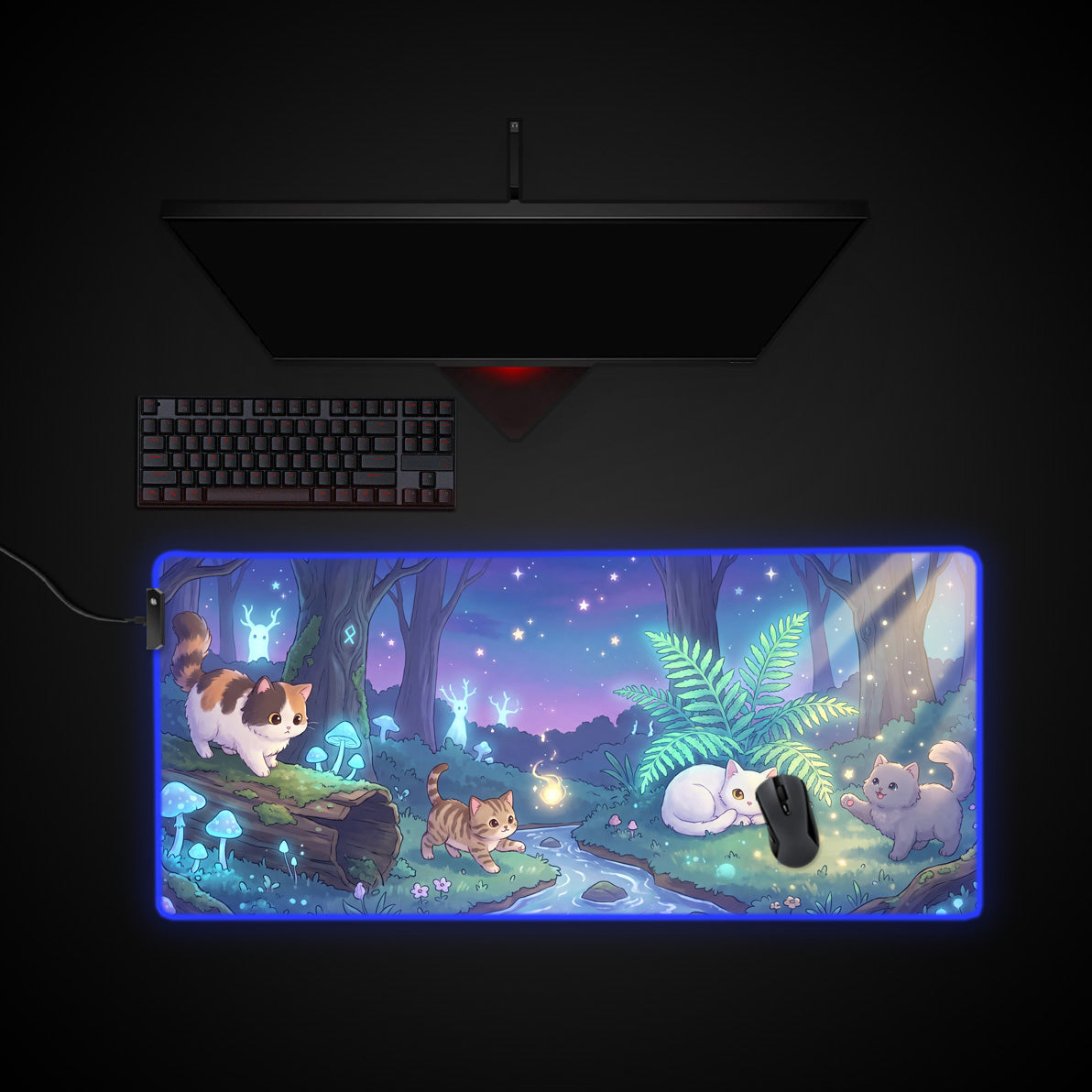 Enchanted Forest Cats desk mat with RGB edge lighting