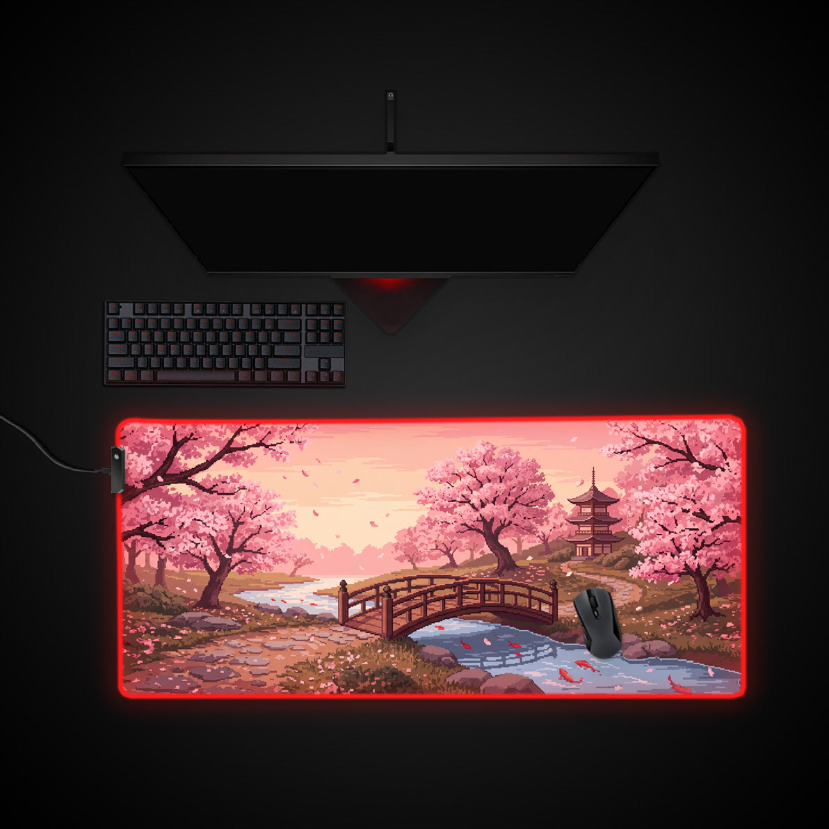 Pixel Sakura Garden desk mat with RGB edge lighting