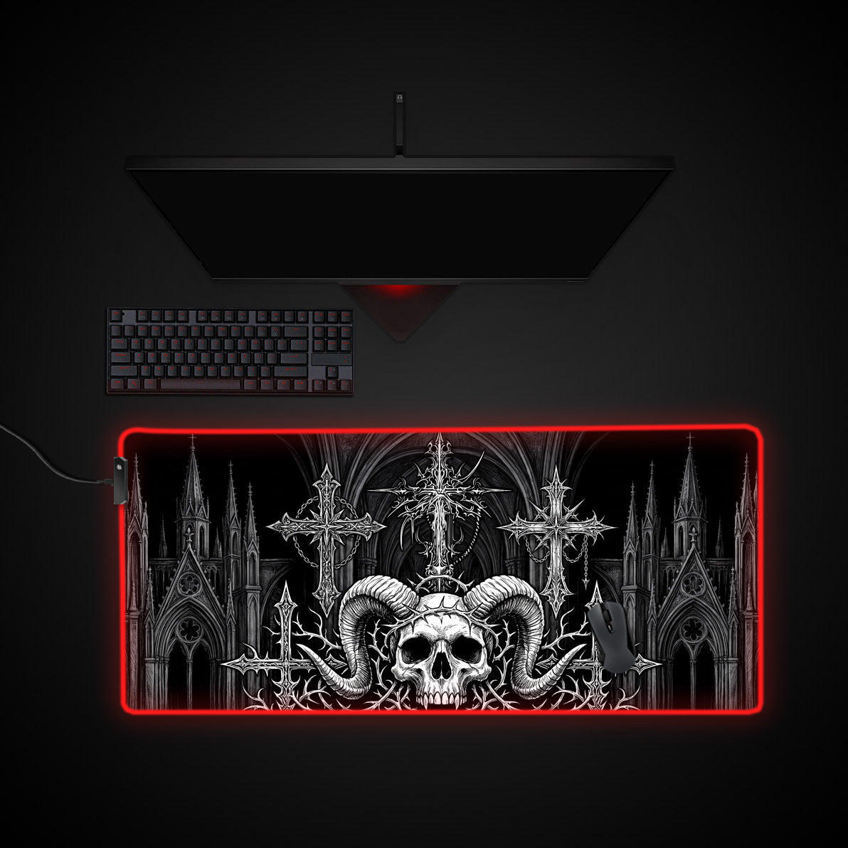 Gothic Horned Skull desk mat with RGB edge lighting