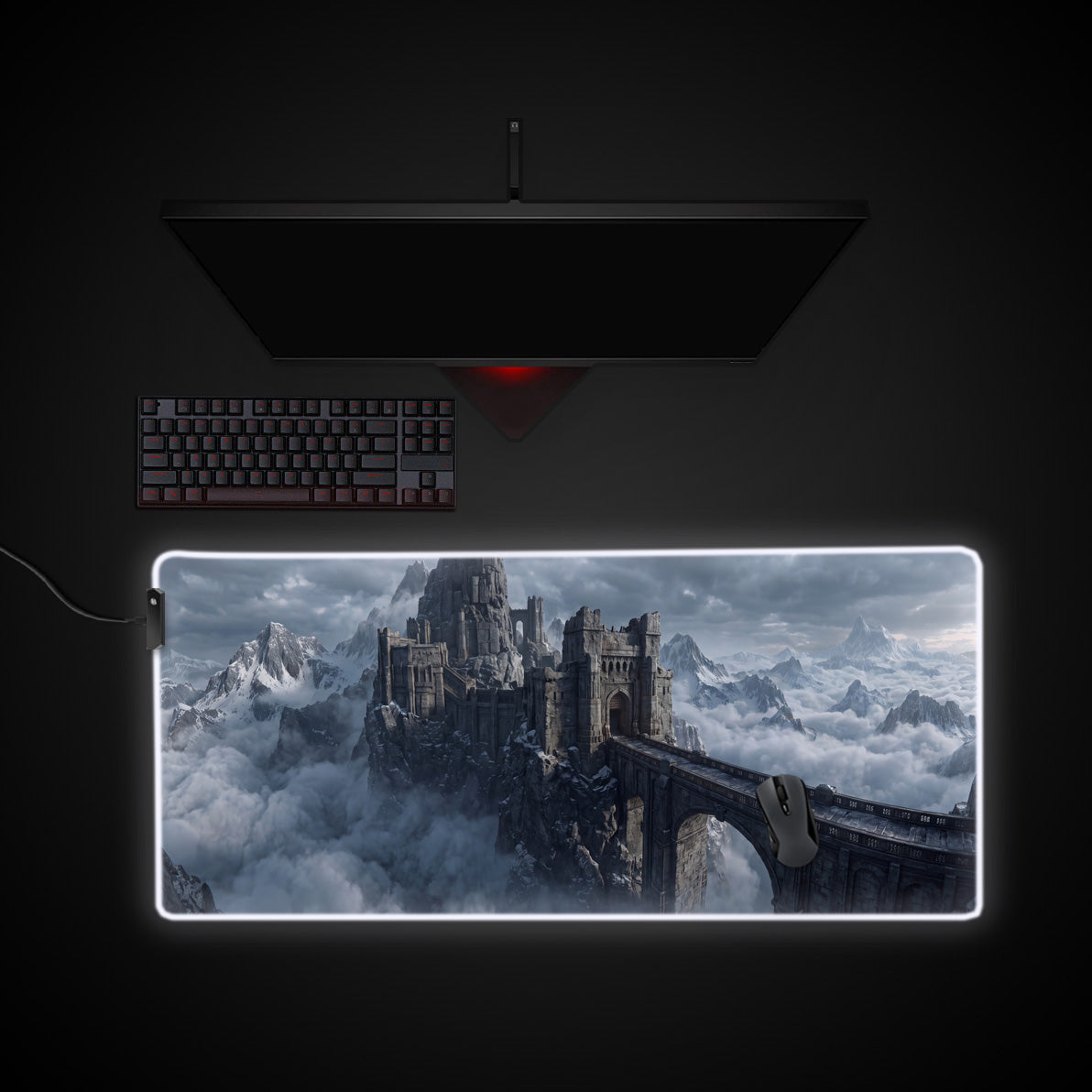 Mountain Fortress desk mat with RGB edge lighting