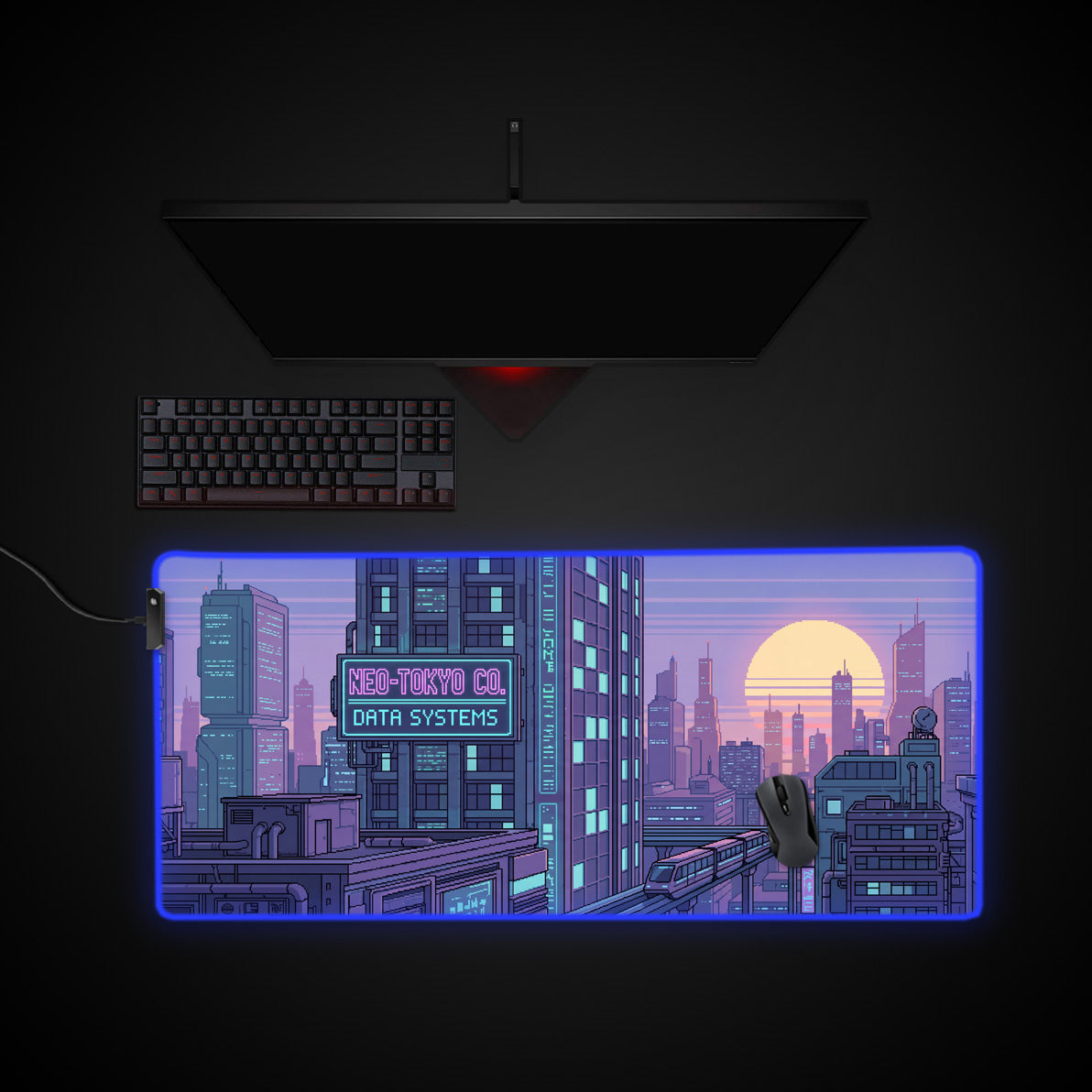 Pixel Metropolis desk mat with RGB edge lighting