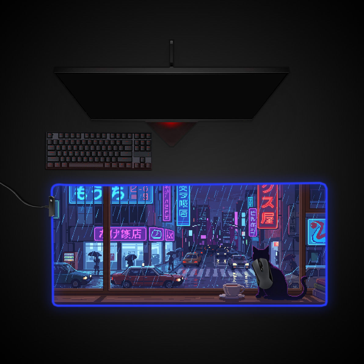 Pixel City Rain desk mat with RGB edge lighting