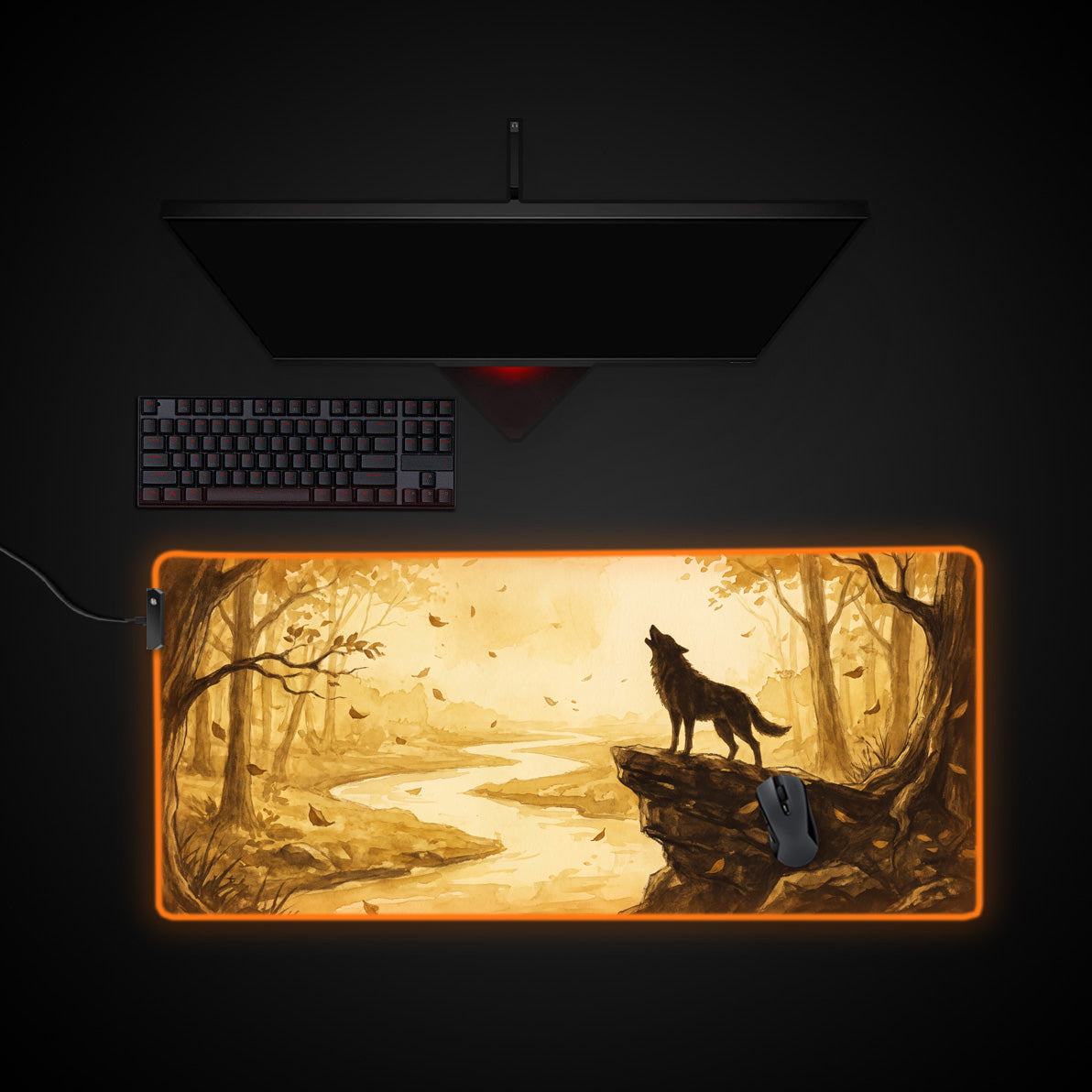 Golden Howl desk mat with RGB edge lighting