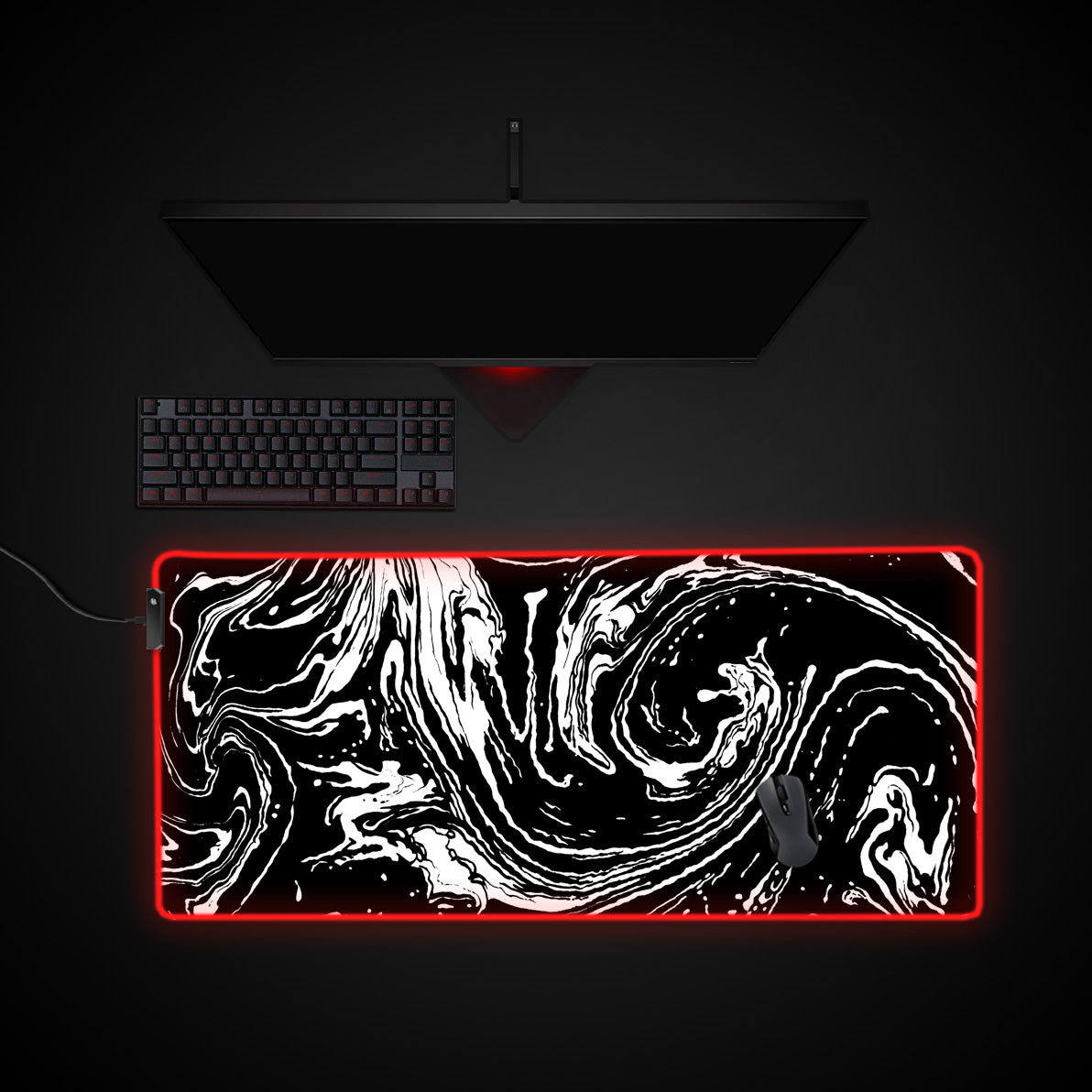 Monochrome Fluid Art desk mat with RGB edge lighting