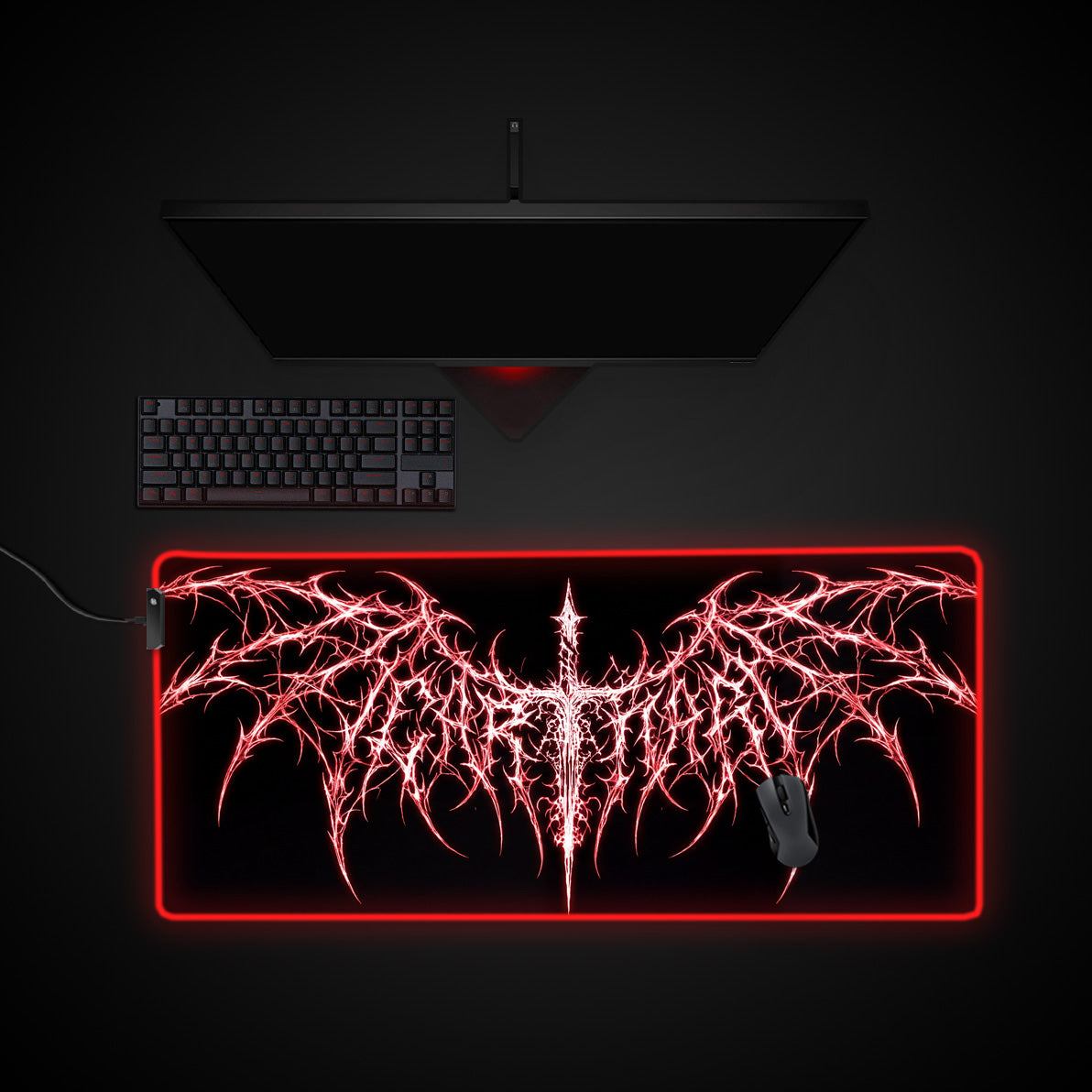 Crimson Cybersigil desk mat with RGB edge lighting