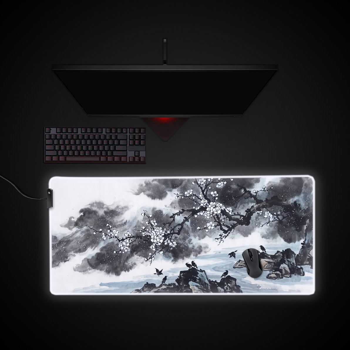 Ink Wash Blossoms desk mat with RGB edge lighting