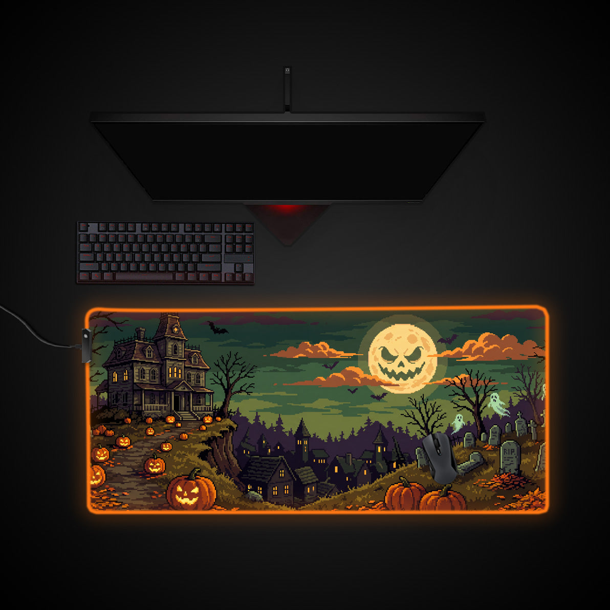 Pixel Haunted Village desk mat with RGB edge lighting