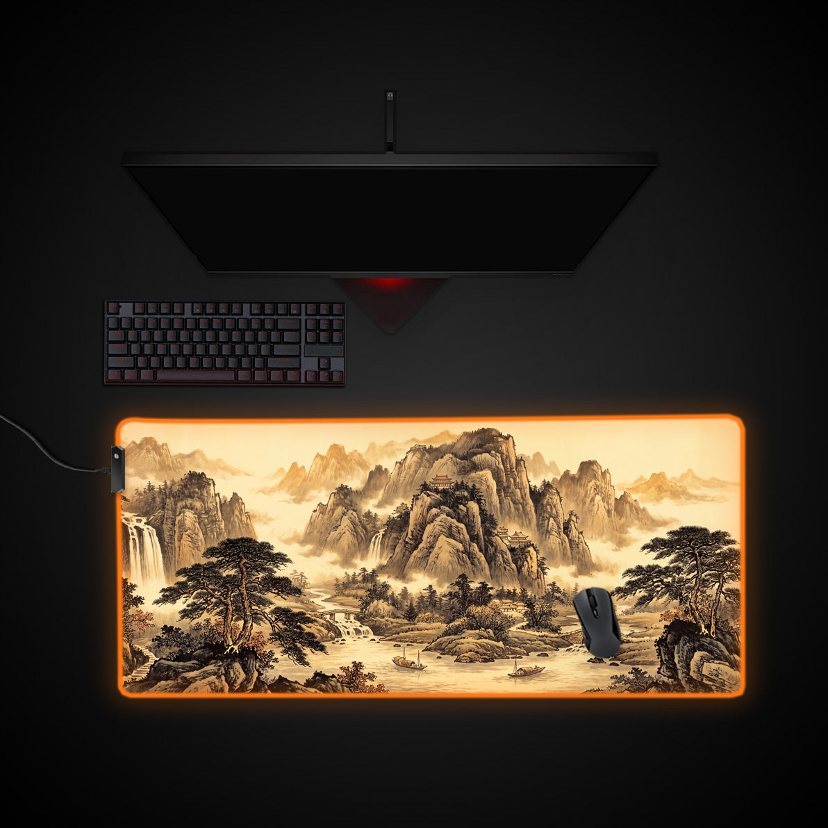 Golden Shan Shui desk mat with RGB edge lighting