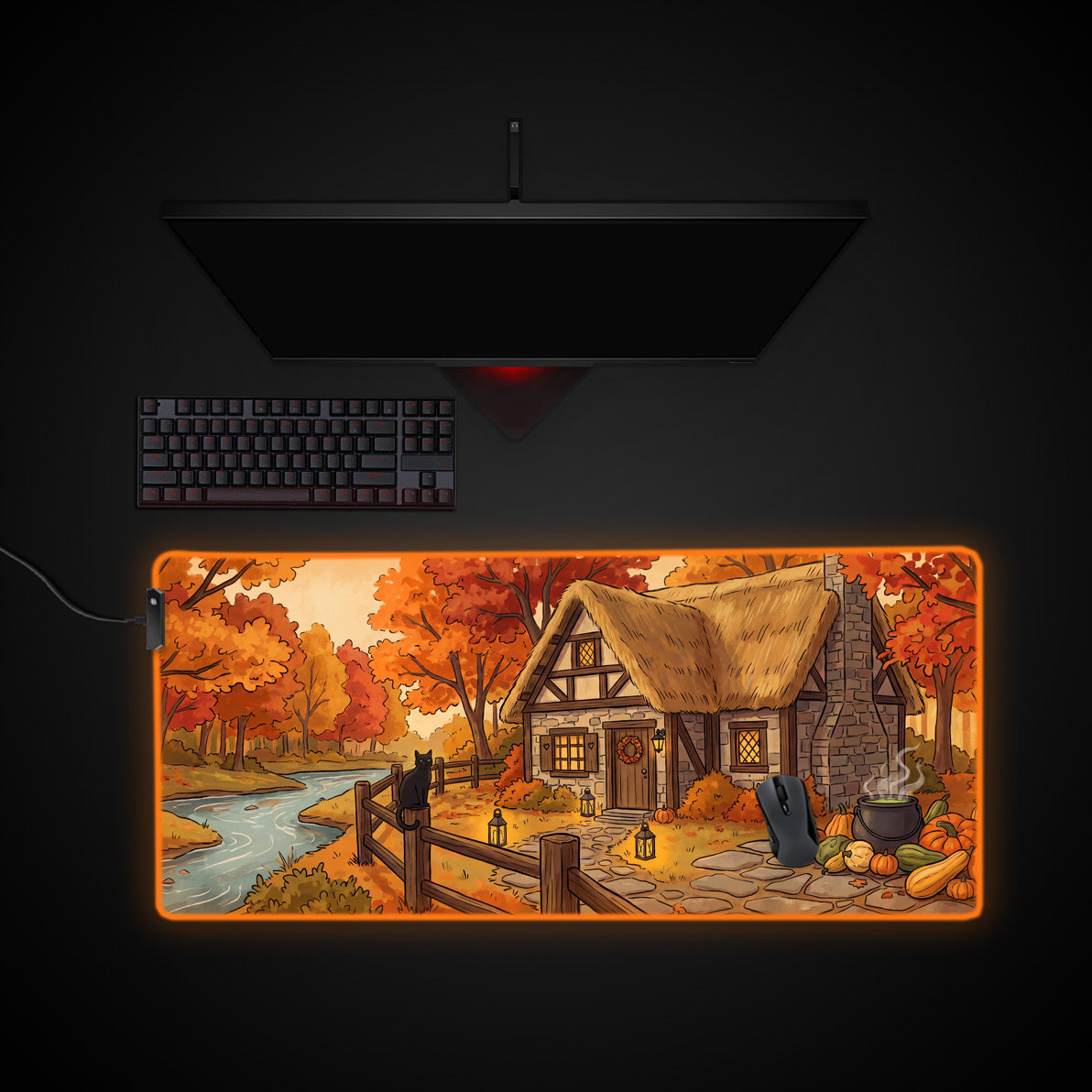 Autumn Witch Cottage desk mat with RGB edge lighting