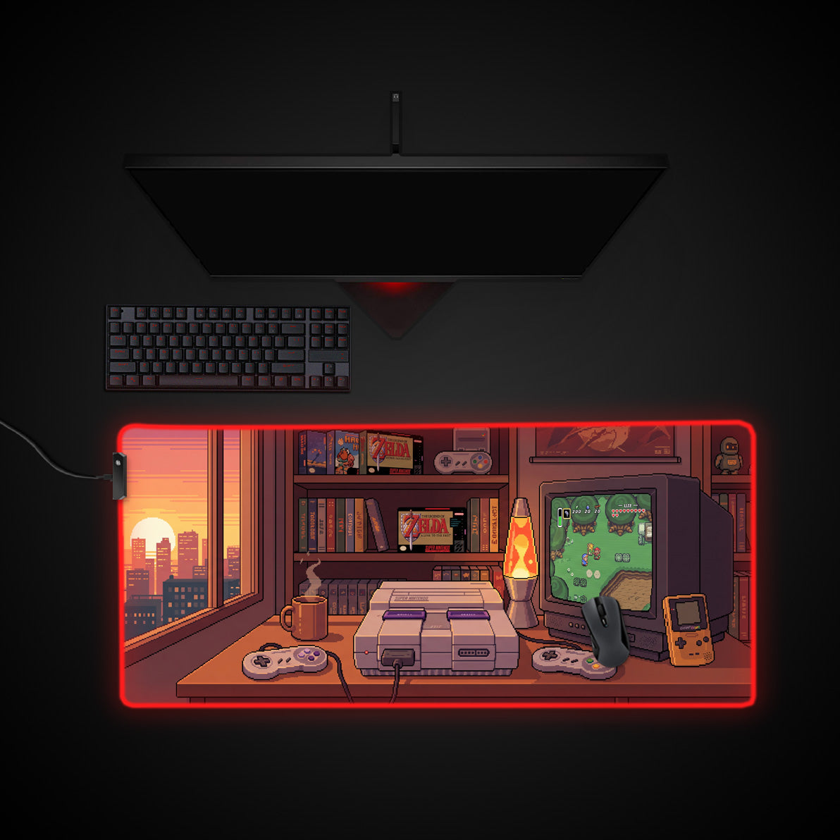 Retro Gaming Room desk mat with RGB edge lighting