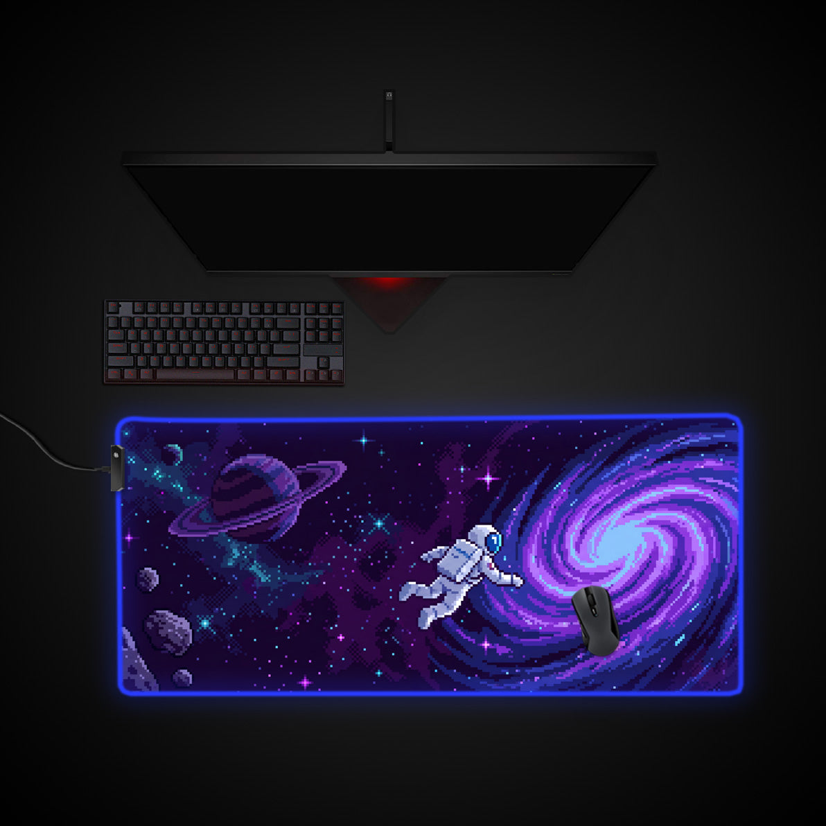 Pixel Astronaut desk mat with RGB edge lighting