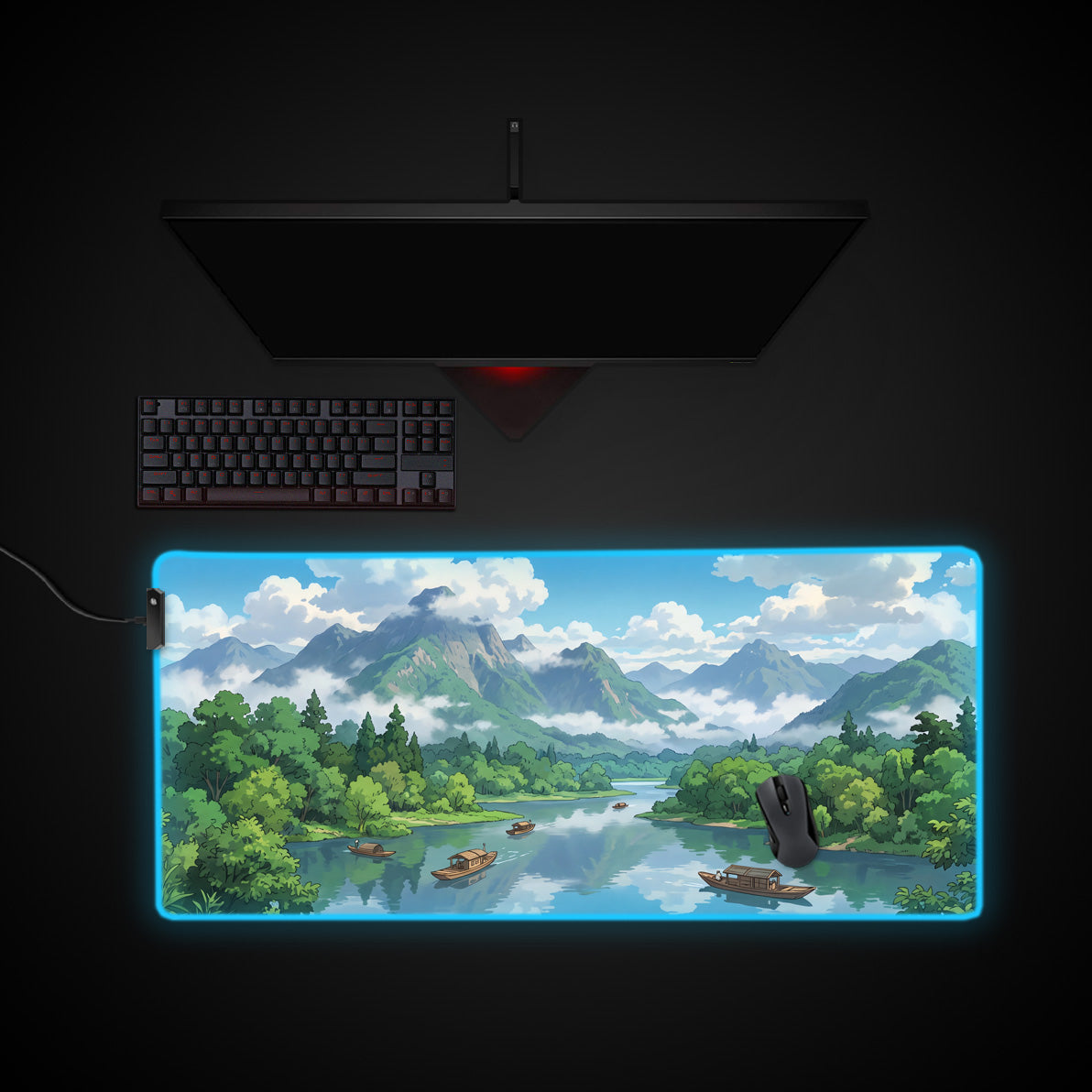 Serene River Valley desk mat with RGB edge lighting