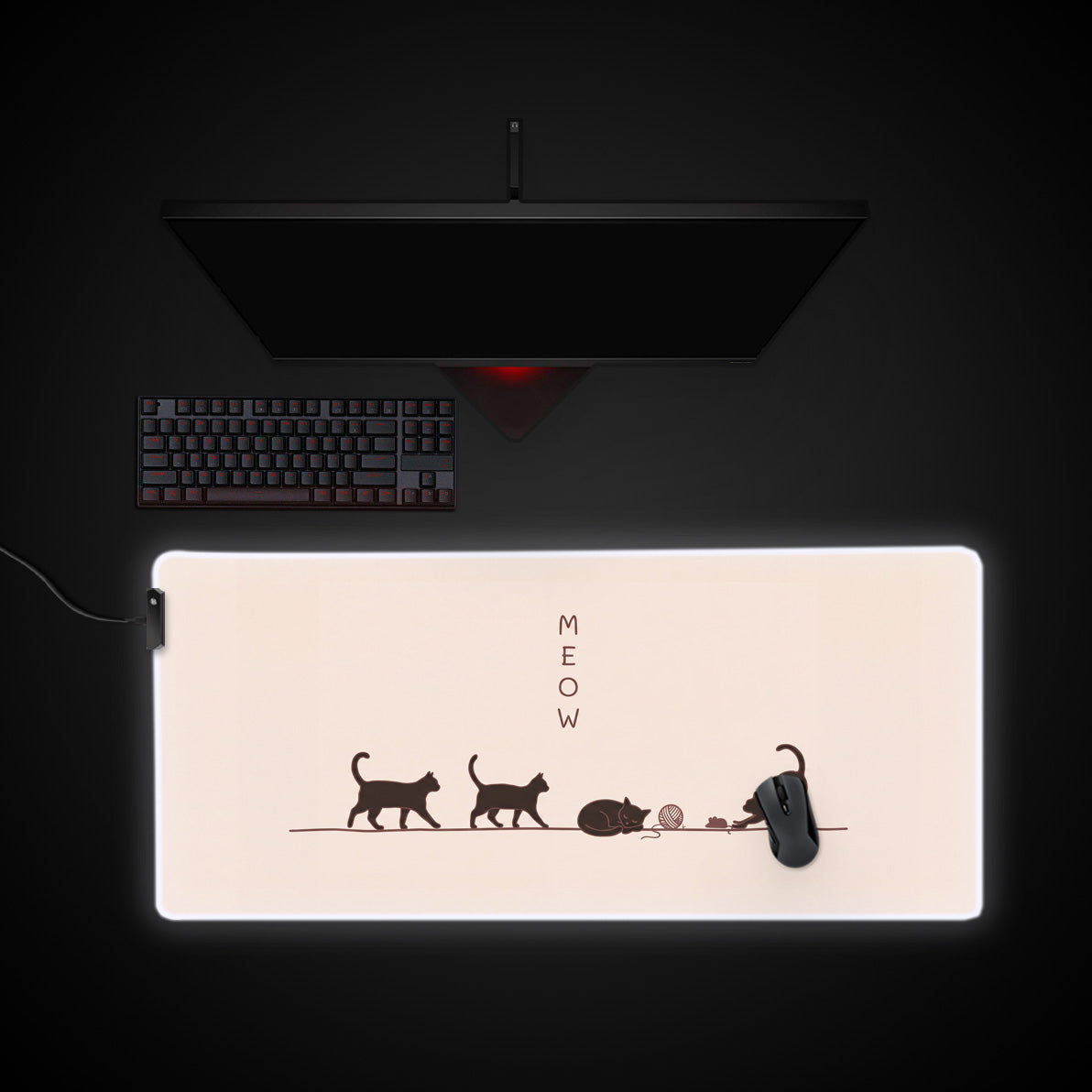 Minimalist Meow desk mat with RGB edge lighting