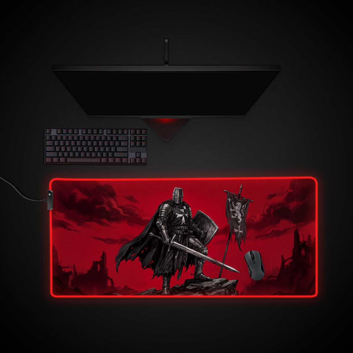 Crimson Crusader desk mat with RGB edge lighting