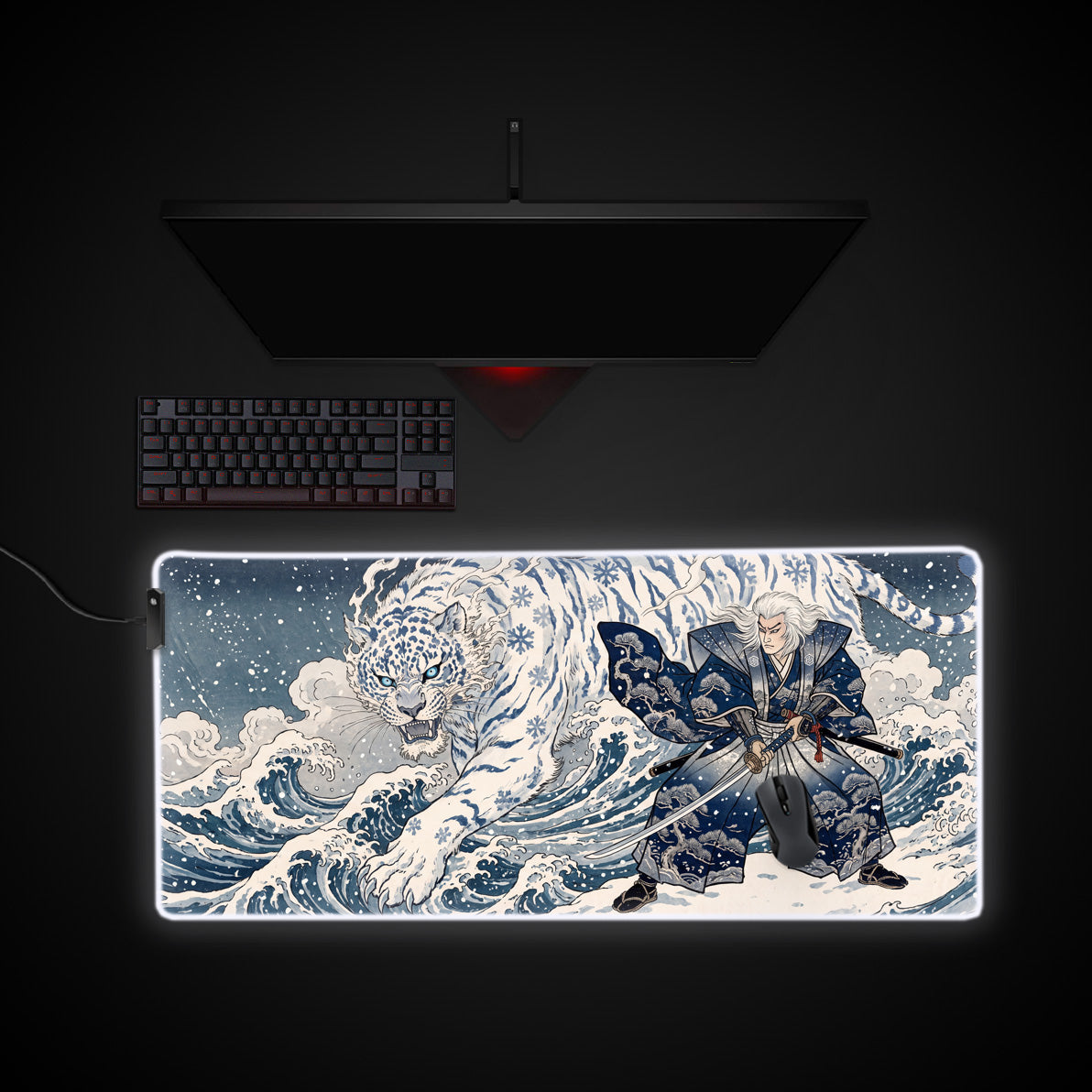 Frost Tiger Samurai desk mat with RGB edge lighting
