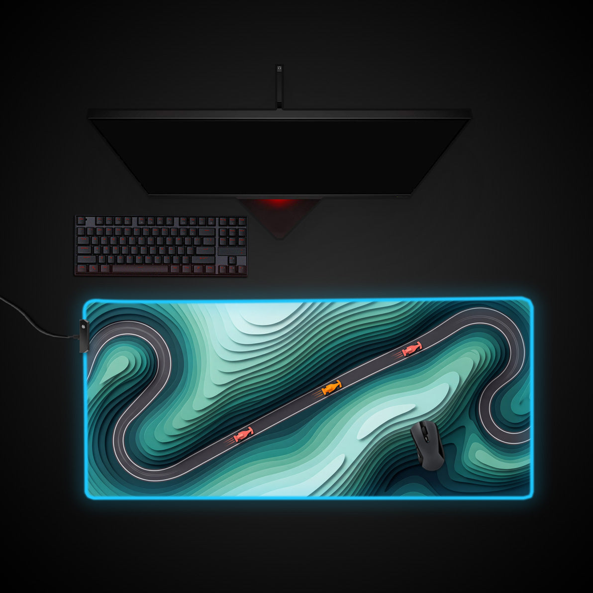 Teal Switchbacks desk mat with RGB edge lighting