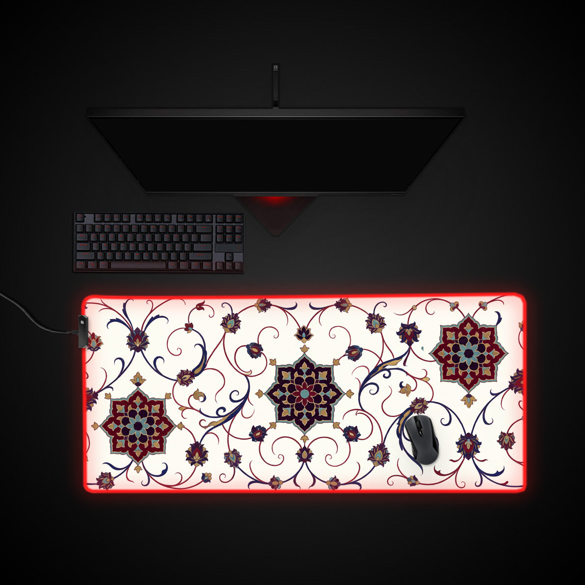 Ivory Arabesque desk mat with RGB edge lighting