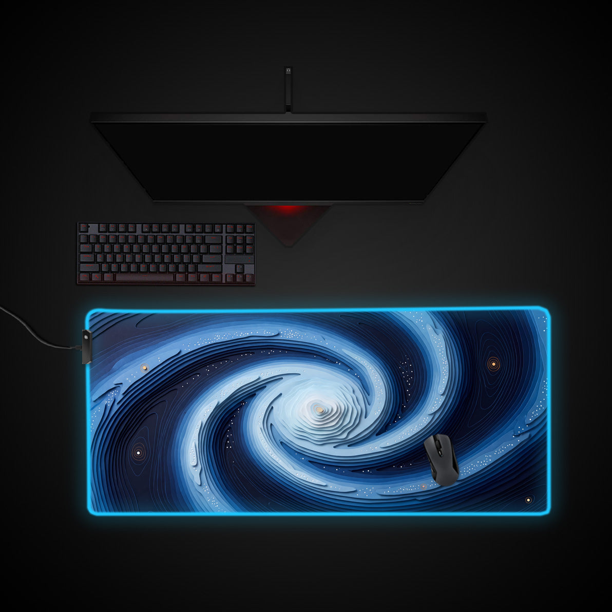 Cobalt Spiral Strata desk mat with RGB edge lighting