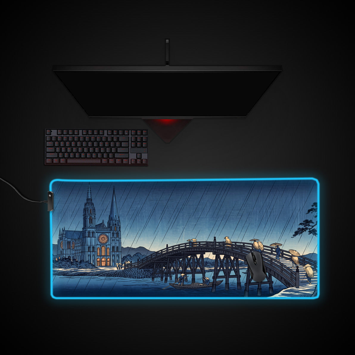 Indigo Rain Spires desk mat with RGB edge lighting