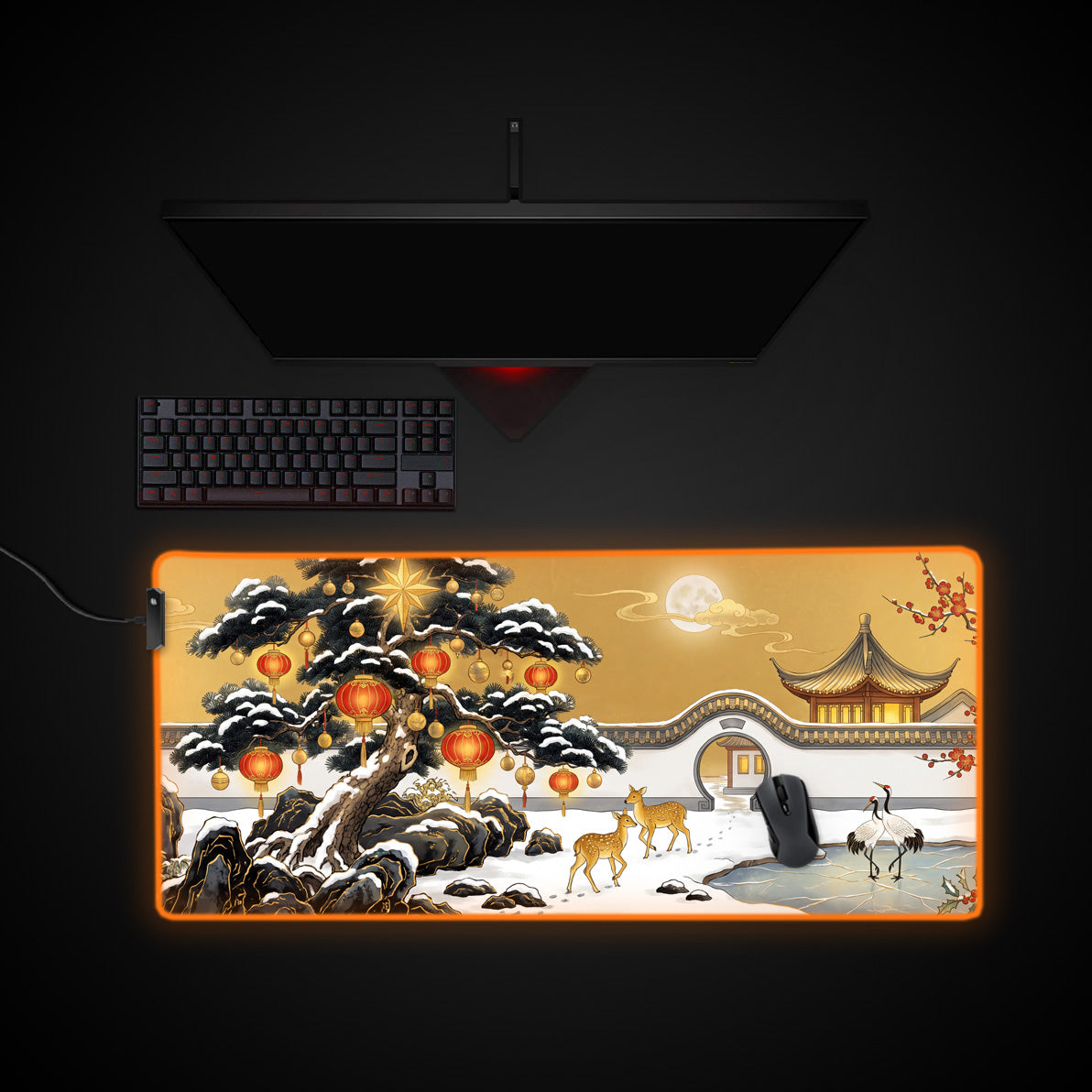 Lantern Fir Eve desk mat with RGB edge lighting