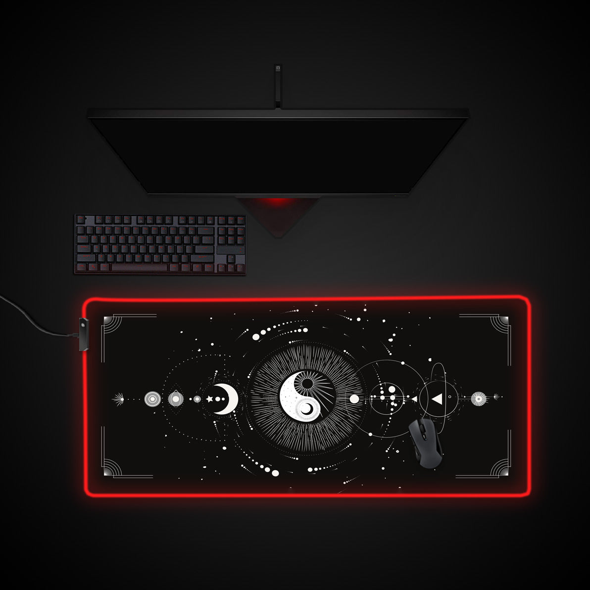 Black Yin Yang Desk Pad desk mat with RGB edge lighting