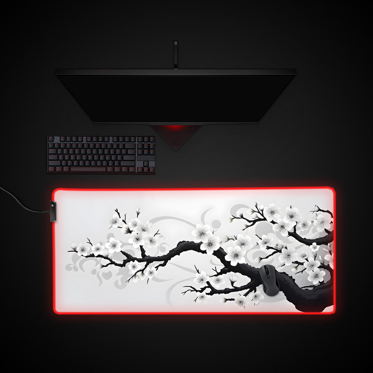 Black & White Sakura Desk Pad desk mat with RGB edge lighting