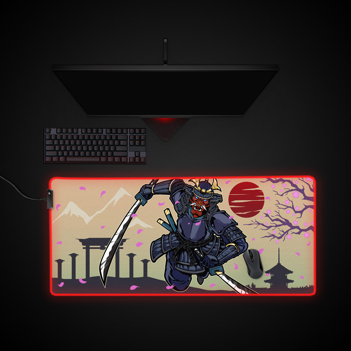 Oni Samurai Desk Pad desk mat with RGB edge lighting