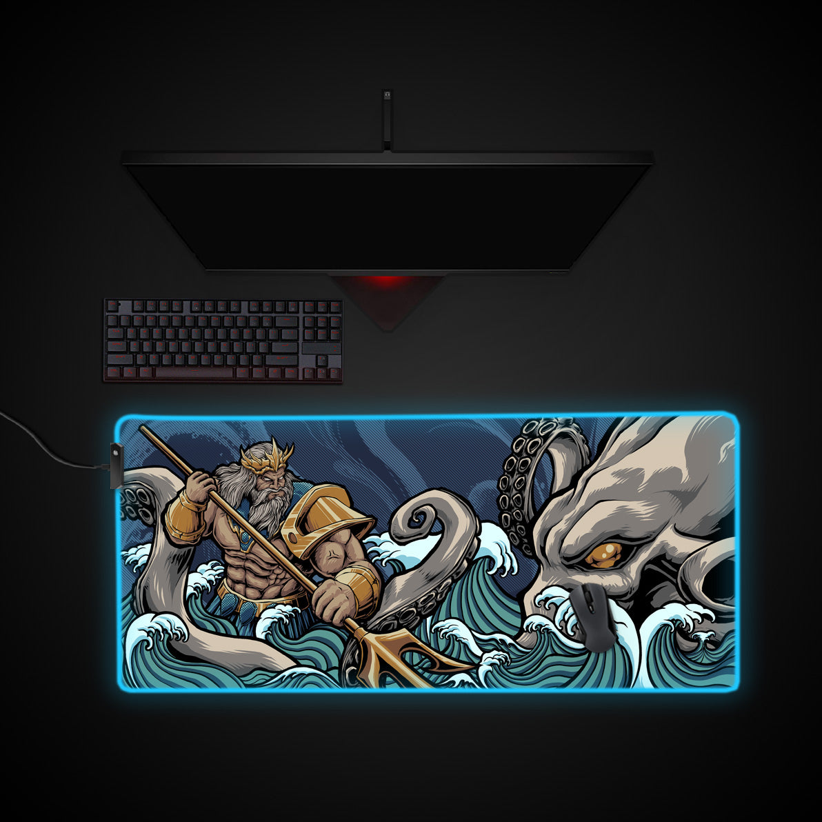 Poseidon Greek God Mouse Pad desk mat with RGB edge lighting
