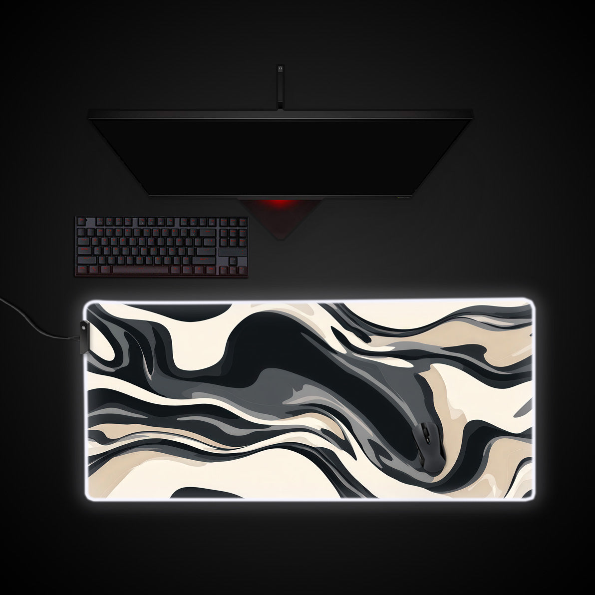 Black White Cream Boho Desk Pad desk mat with RGB edge lighting