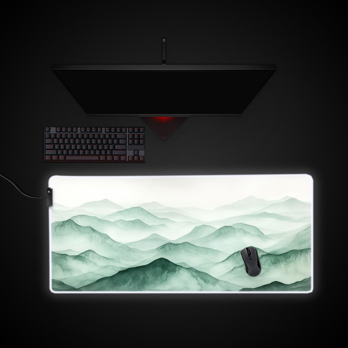 Calming Mountain Desk Pad desk mat with RGB edge lighting
