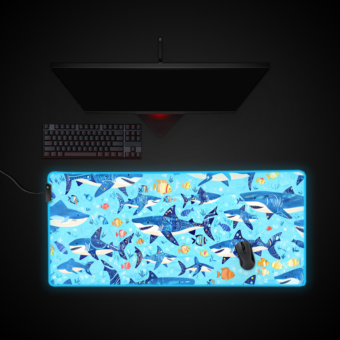 Sharks and Fish Desk Pad desk mat with RGB edge lighting